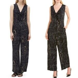 Lafayette 148 New York Size M Adelphi Jumpsuit Wide Leg Abstract Black